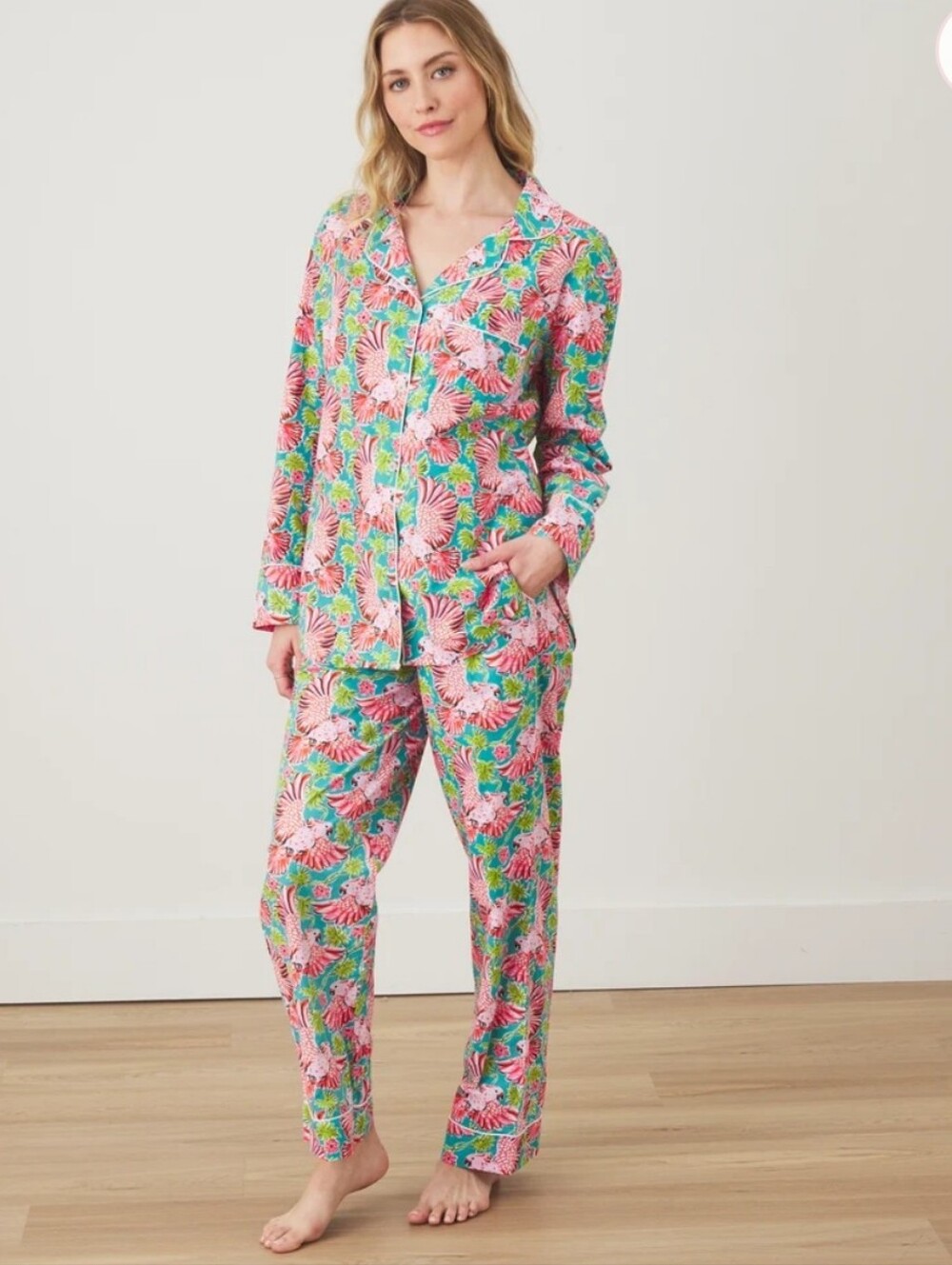 Printfresh Playfyl Parrots Long Pj Set Pink Teal Pants Pajamas - XS Tall